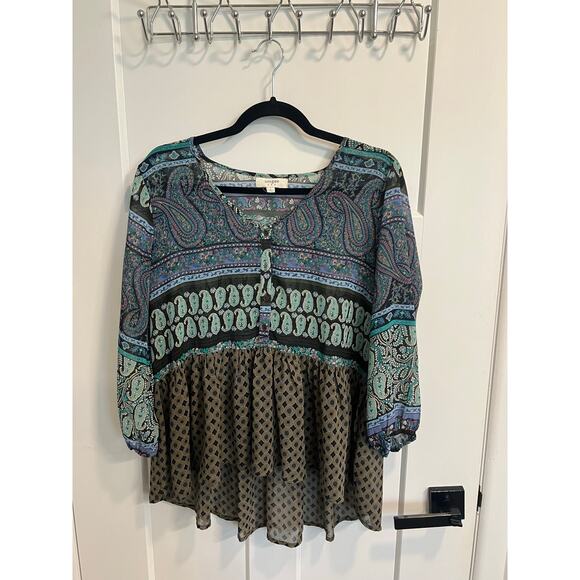 Umgee 3/4 Sleeve Boho Gypsie Whimsical Blouse Size L Button Front Teal Blues - Picture 3 of 10